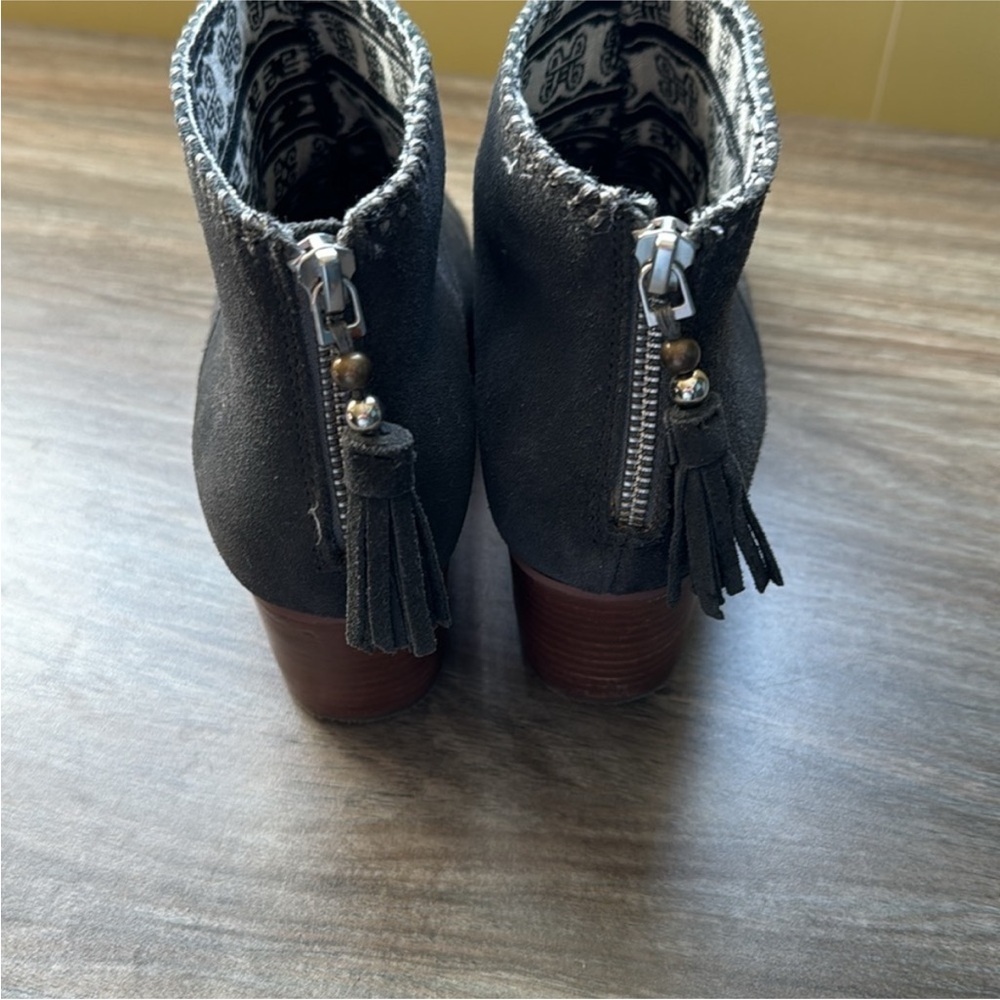 Toms grey suede 2.5” heeled booties with zip closure at back heel. Size 8.5 - Picture 4 of 5